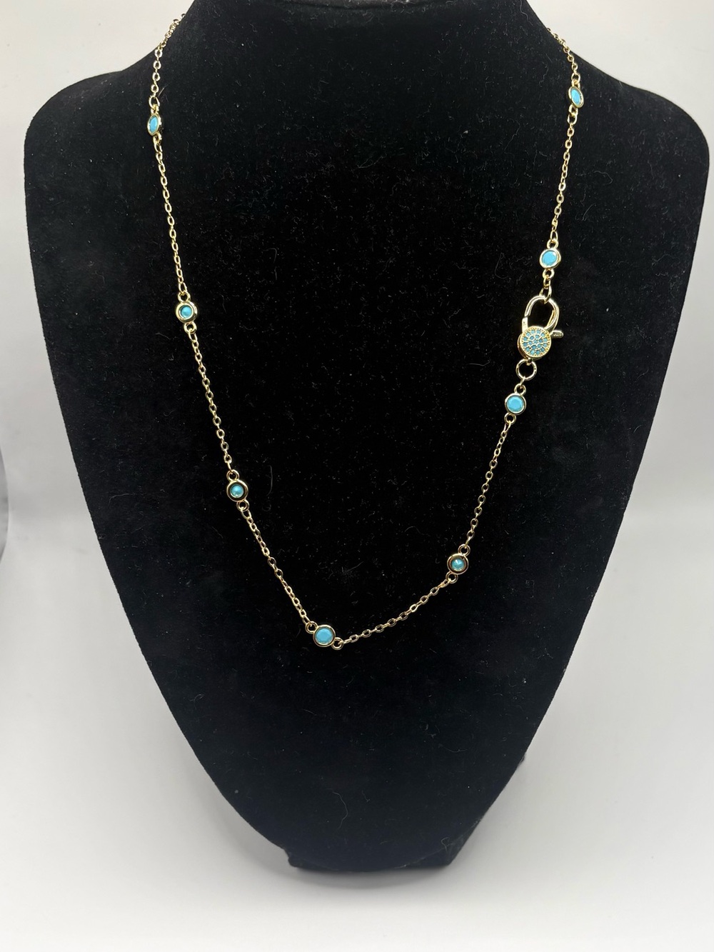 New Turquoise Blue Station Necklace Gold Tone Enhancer Clasp Charm Holder 17”